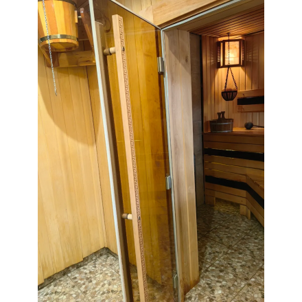 Дверь в баню и сауну Doorwood Престиж бронза 2000x700 (ольха, стекло 8 мм, 3 алюм петли СЛЕВА)