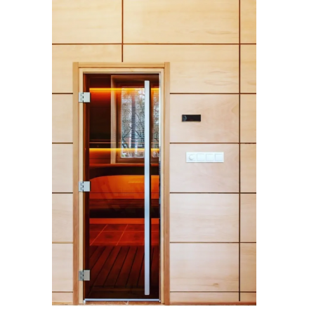 Дверь в баню и сауну Doorwood Престиж бронза 2000x700 (ольха, стекло 8 мм, 3 алюм петли СЛЕВА)