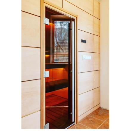 Дверь в баню и сауну Doorwood Престиж бронза 2000x700 (ольха, стекло 8 мм, 3 алюм петли СЛЕВА)