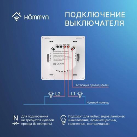 Комплект два умных двухклавишных выключателя и хаб HOMMYN SW22HOMKIT05