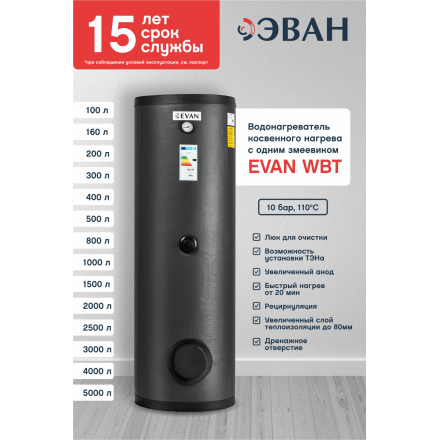 Бойлер косвенного нагрева Эван 160 л WBT-HT-160