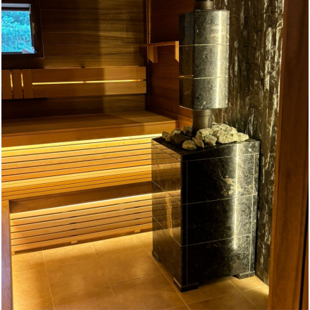 Банная печь ProMetall Атмосфера XL в облицовке Пироксенит+ корзина