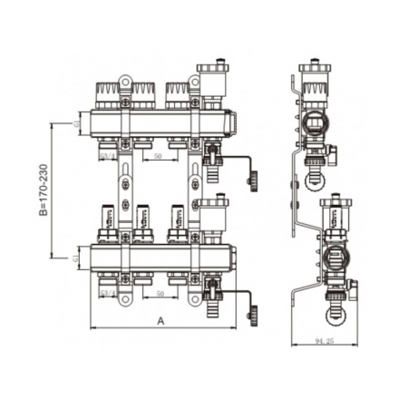 Коллектор из латуни в сборе расходомер, воздухоотводчик, сливной кран TIM