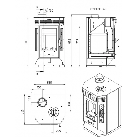 Печь-камин Мета-Бел АОТ 9.0-01 в модификации Москва 9 с плитой