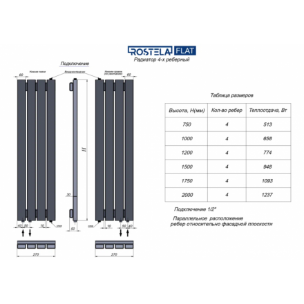 Радиатор Ростела Flat 4 / 270х1750 черный муар 9005