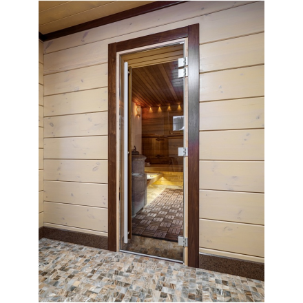 Дверь в баню и сауну Doorwood Престиж бронза 2000x700 (ольха, стекло 8 мм, 3 алюм петли справа)