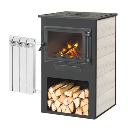 Печь-камин ЭТНА (Панорама) с плитой и ТО "Беж" высокий