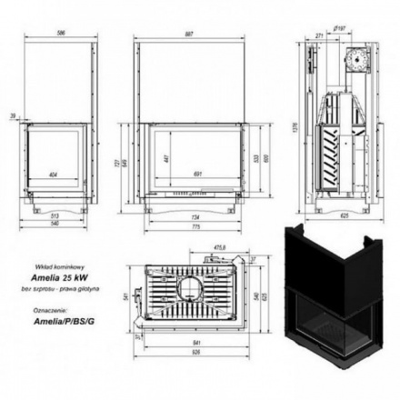 Каминная топка Kratki Amelia/P/BS/G (угловое стекло справа, гильотина)